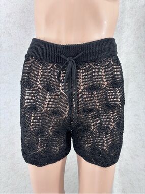 Monki NWT Black Crochet Drawstring High Waisted Hot-pant Style Shorts, XS